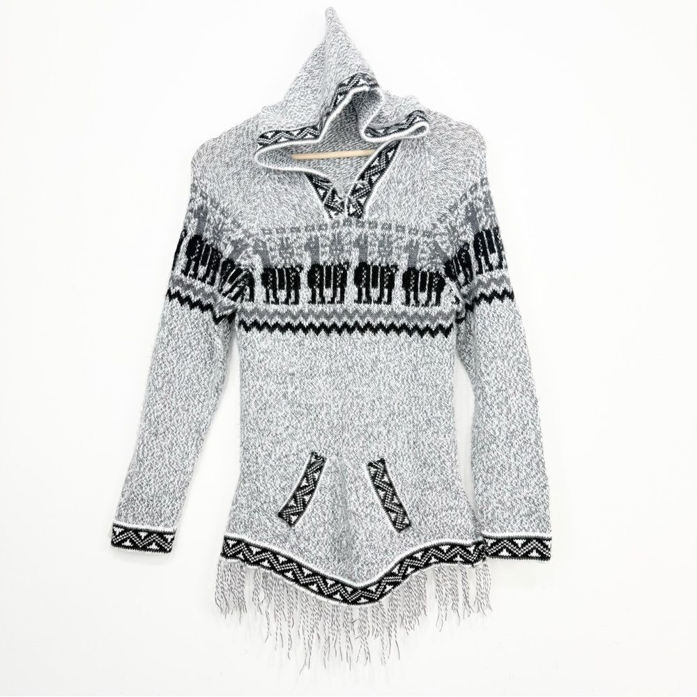 Peruvian Tribal Knit Hooded Pullover Fringed Ethnic Tunic Sweater